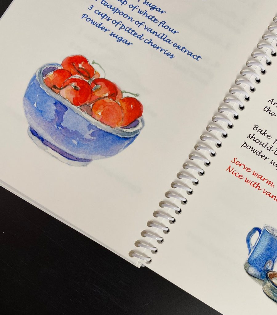 A page of Marion's Little Cookbook with a watercolor of cherries