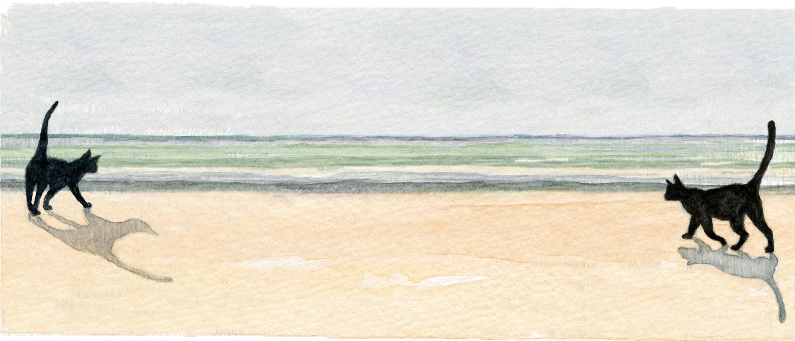 Two black cats on a beach, watercolor by Marion Bermondy